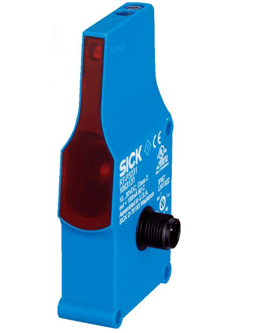 Rectangular plastic sensor housing with M12 connector and potentiometer adjustment
