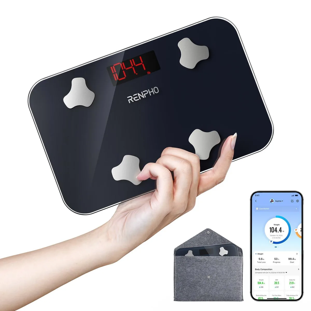 Black rectangular bath scale with rounded corners, backlit display, non-slip surface, compact travel size