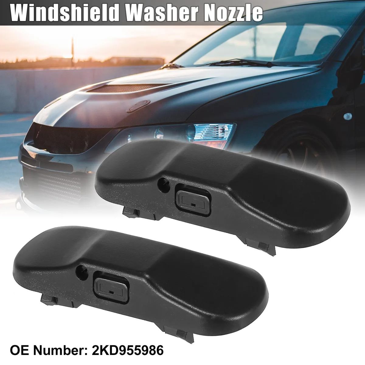 Two black plastic heated washer nozzles with two pins each