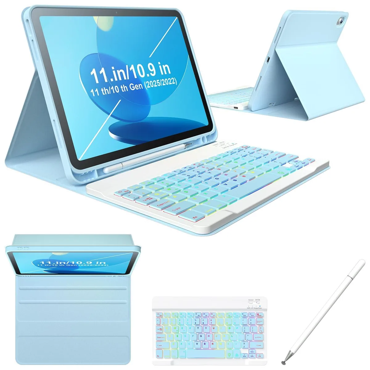 BoYata BoYata 2 in 1 Accessory for iPad 10th 11th Gen 10.9 Inch 2022 2025 7-Color Backlight Keyboard Stylus Pen — product photo