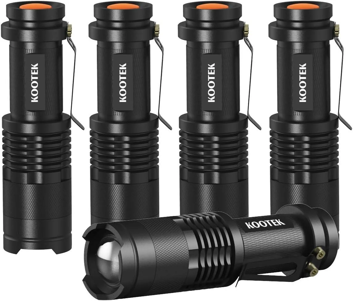 Five small silver pen flashlights with pocket clips and adjustable focus heads