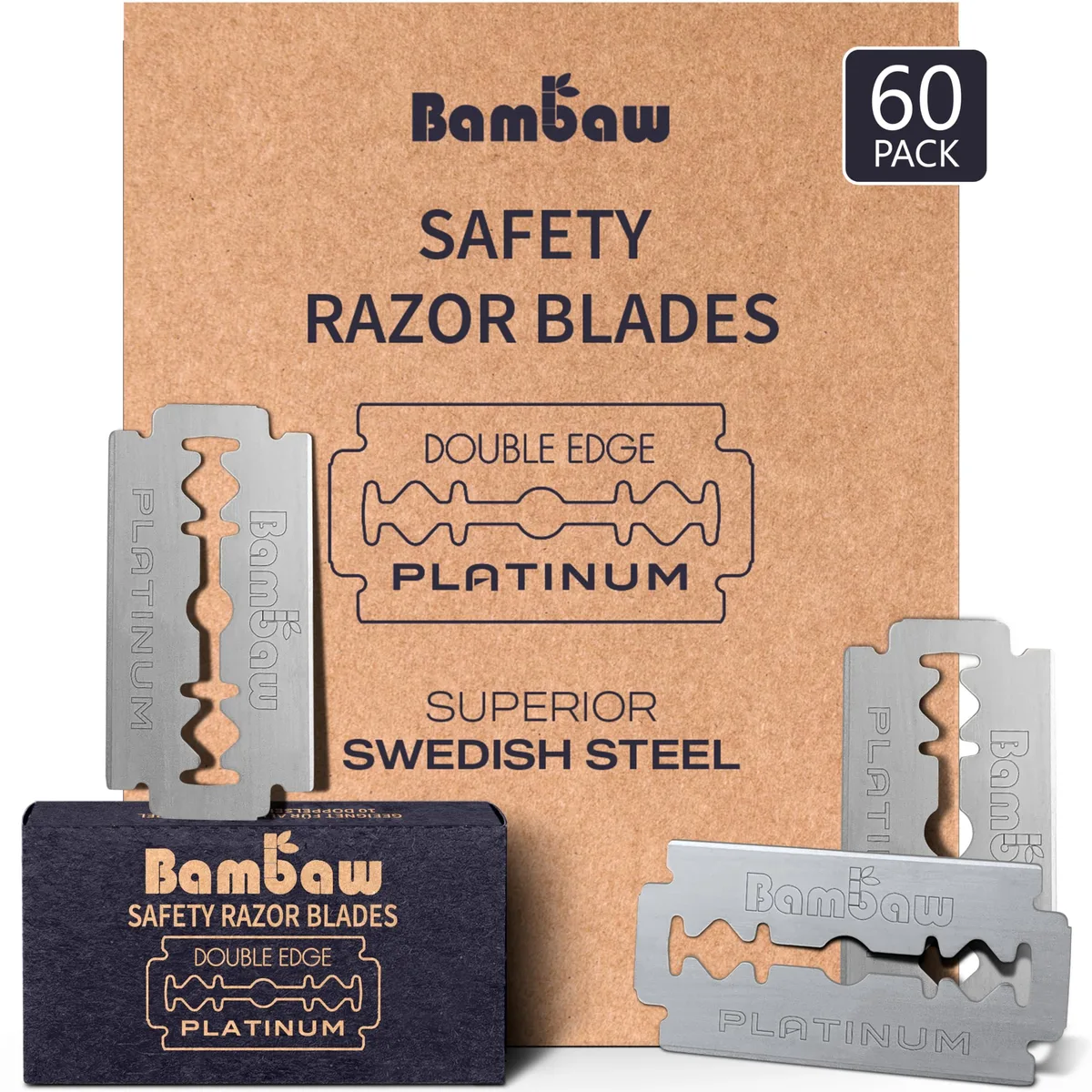 A kraft carton box containing sixty double-edge razor blades in six wax-paper packs