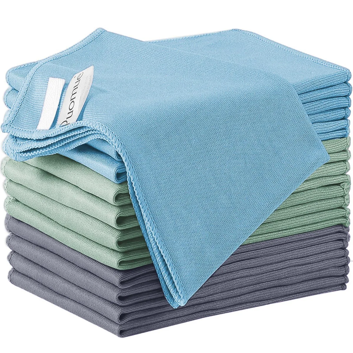 Twelve microfibre cloths in grey, blue and green, each 10.8 by 13.8 inches