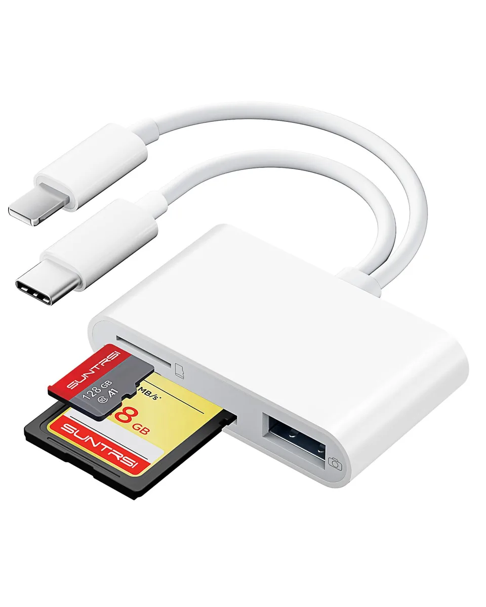Compact dual-slot SD and microSD reader with Lightning and USB-C connectors