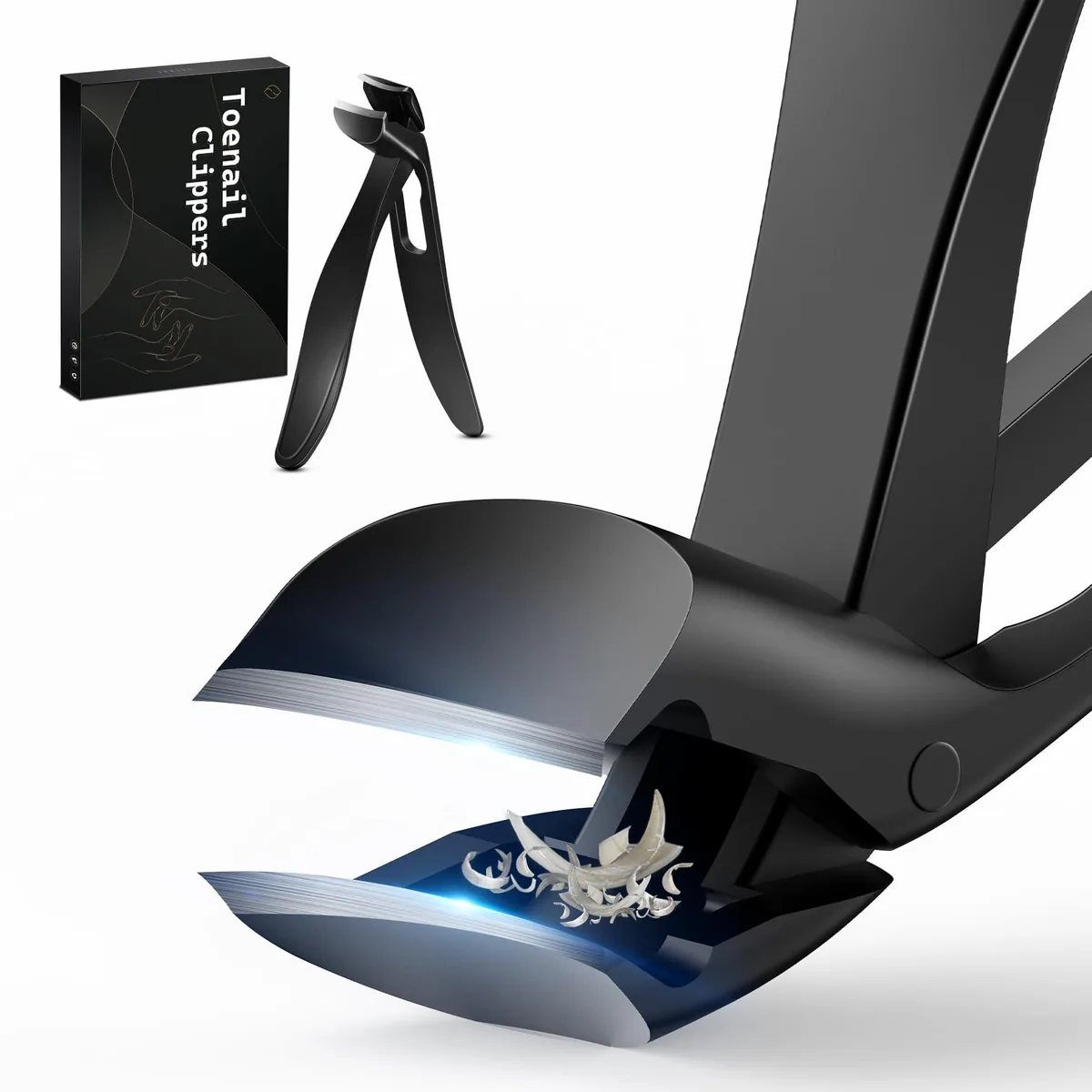 Black stainless steel angled-head toenail clipper with long wide handles and catcher