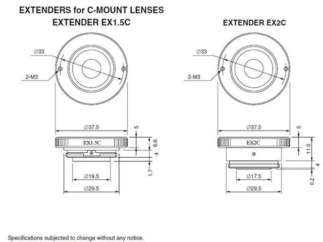 Small metallic cylinder, silver finish, CS-mount lens extender 1.5x