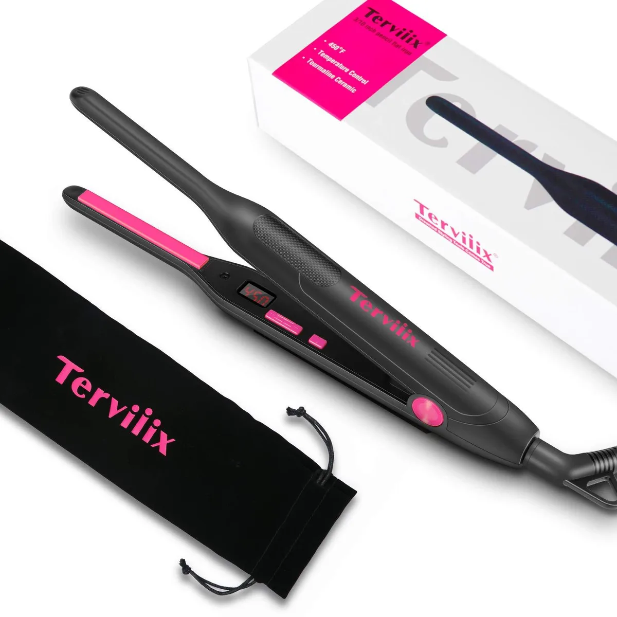 Slim black pencil flat iron with digital LCD display and 8.5ft swivel cord