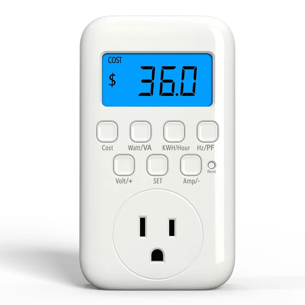 White rectangular plug-in power meter with backlit LCD screen and three-pin socket