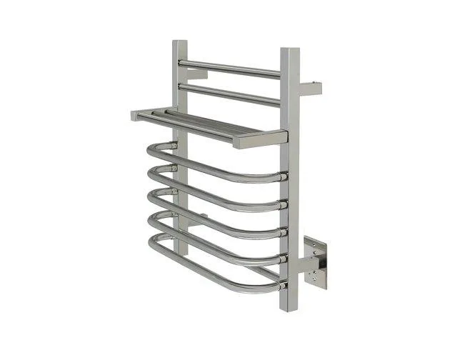 Polished chrome towel warmer with seven horizontal bars and integrated storage shelf, wall-mounted hardwired design