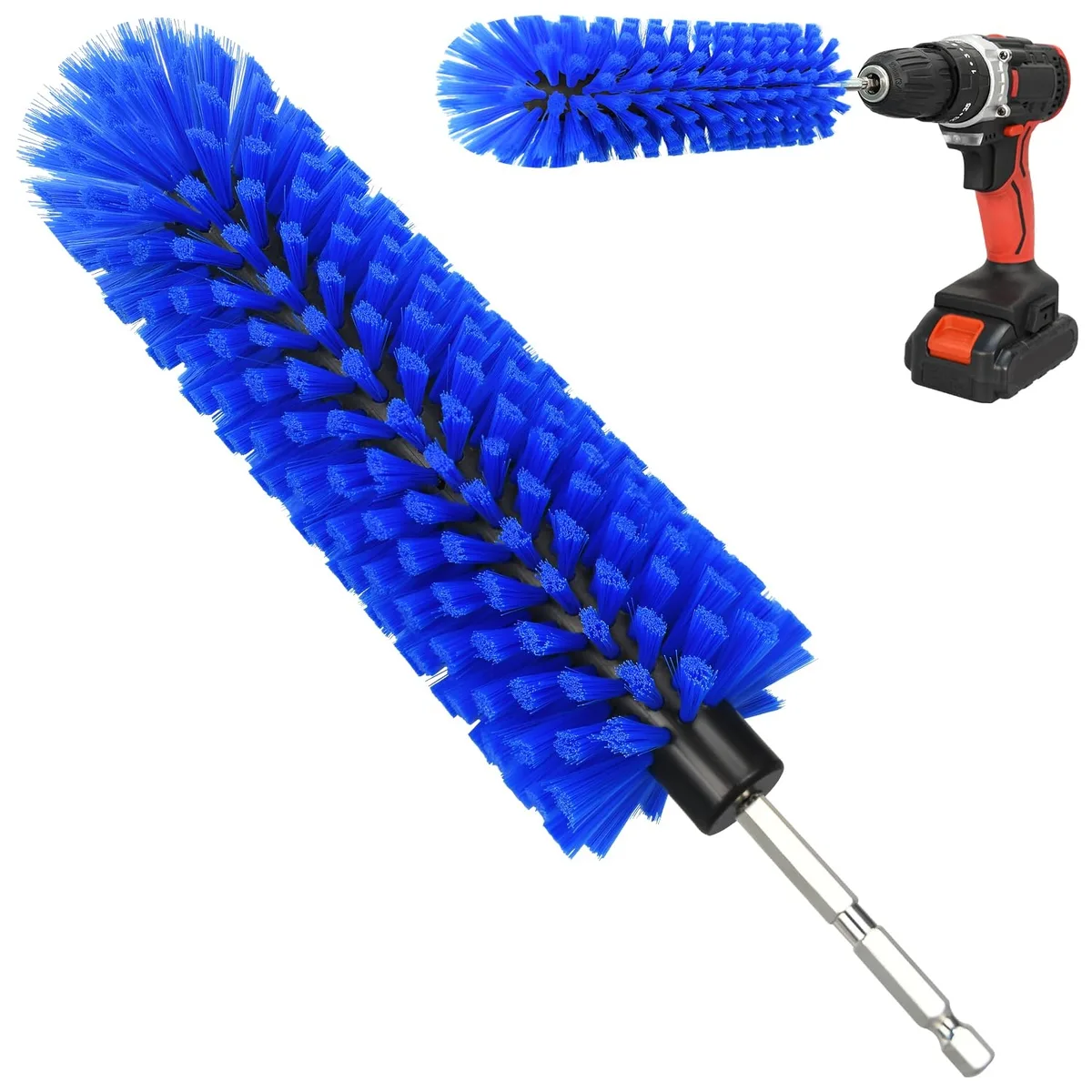 Blue conical drill brush with dense soft nylon bristles and 1/4in shank