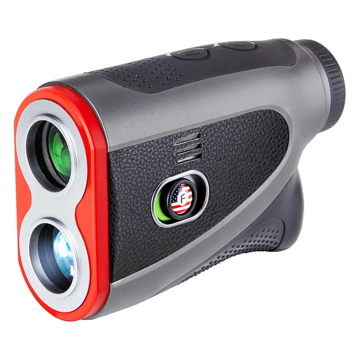Compact black golf rangefinder with lychee-grain leather grip, LCD screen and magnetic mount