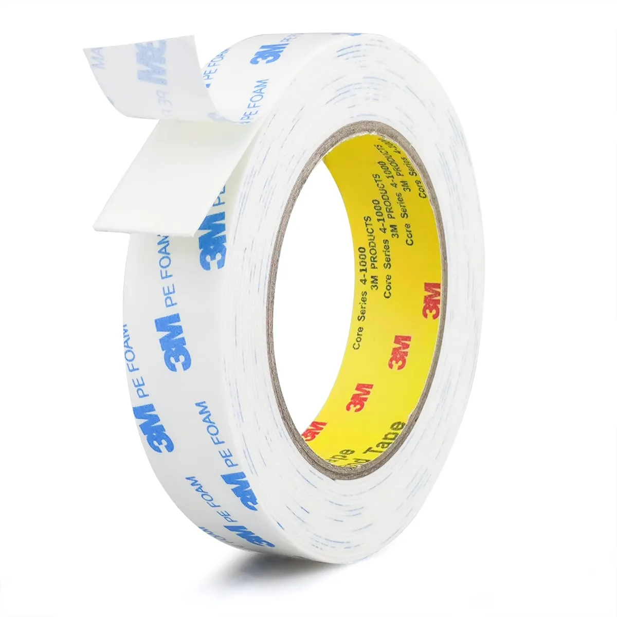 White PE foam double-sided tape roll, 1 inch wide, 16.5 ft length, 1.1 mm thick