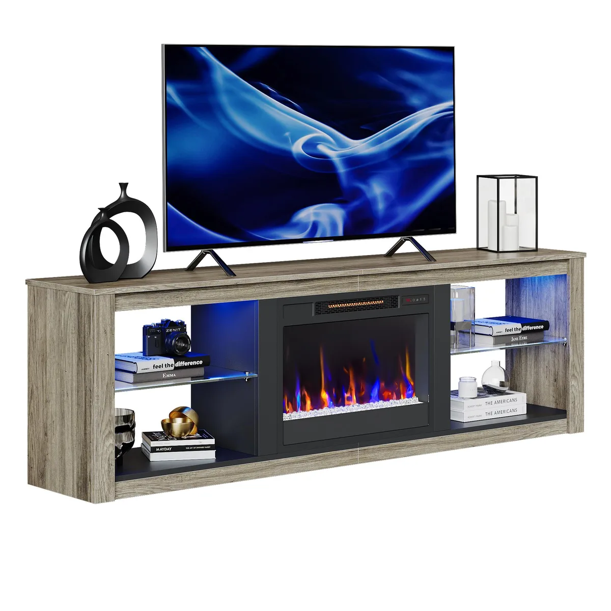 Bestier Bestier Fireplace TV Stand with LED Glass Shelves Gray 71" 75" 23" 17" 13.8" 20" 22 — product photo