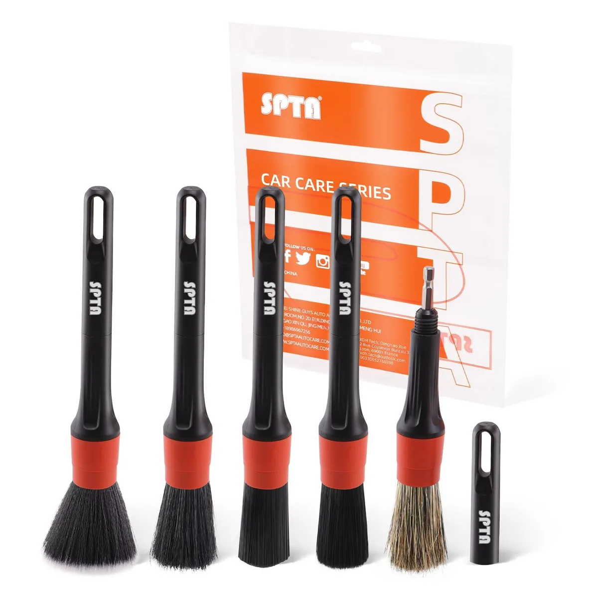 Five-piece boar-hair detailing brush set with detachable plastic handles for drill attachment