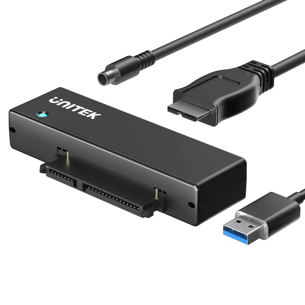 Black rectangular USB 3.0 to SATA adapter with 2.6ft cable and 12V power brick