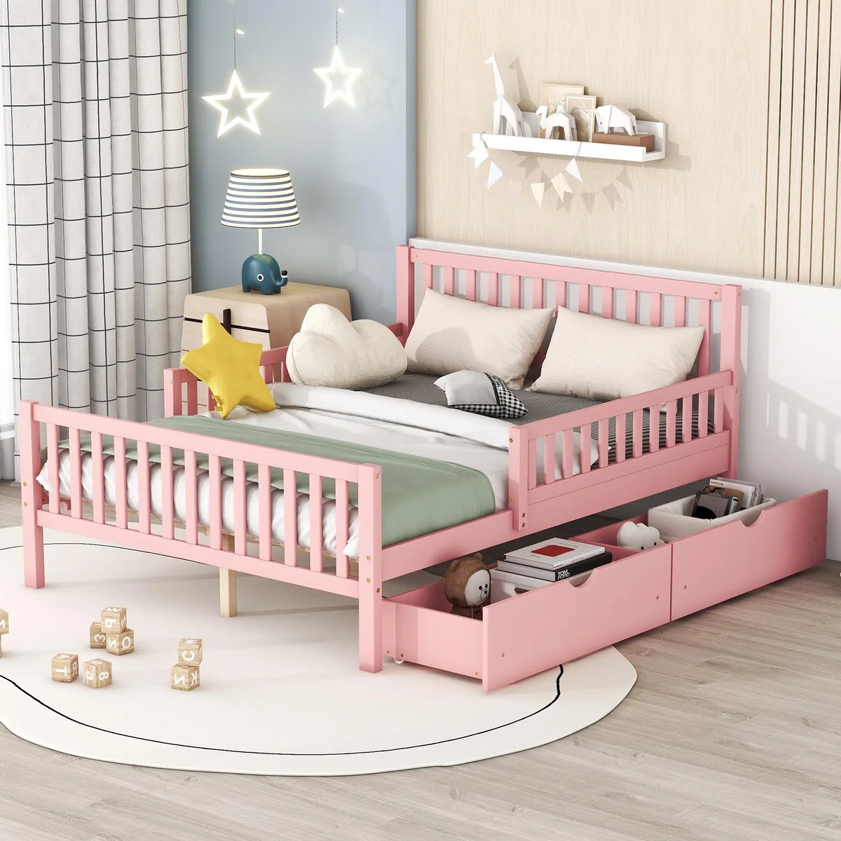 Pink wooden platform bed with guardrails and two storage drawers