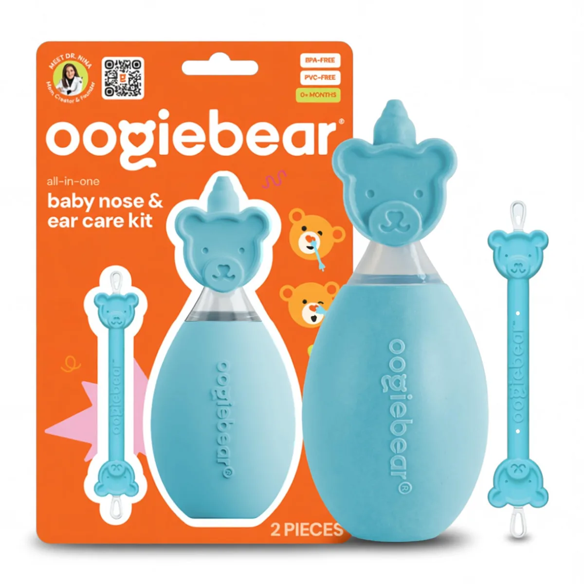 Blue silicone bulb aspirator and booger picker with bear head safety bumpers