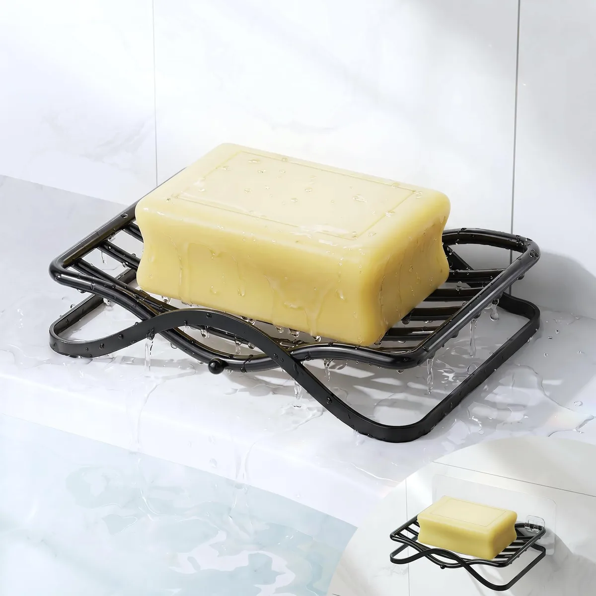 White plastic soap dish shaped like a miniature beach chair with slatted seat and drainage angle
