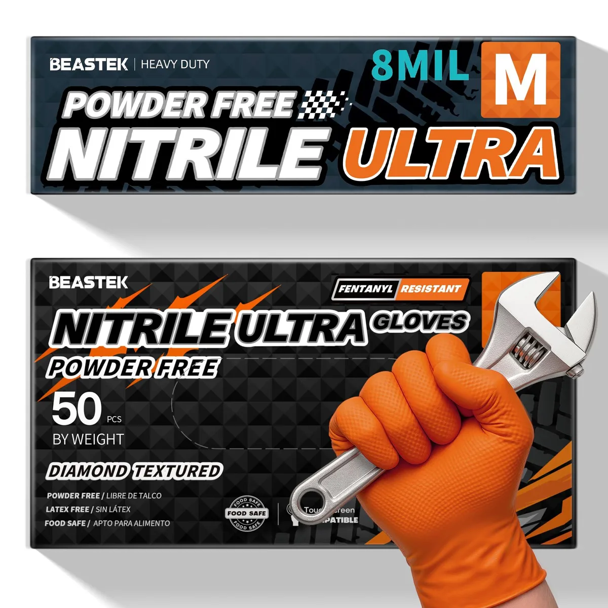  BEASTEK Nitrile Disposable Gloves Orange Medium 50 Pcs 8 Mil Diamond Grip — product photo