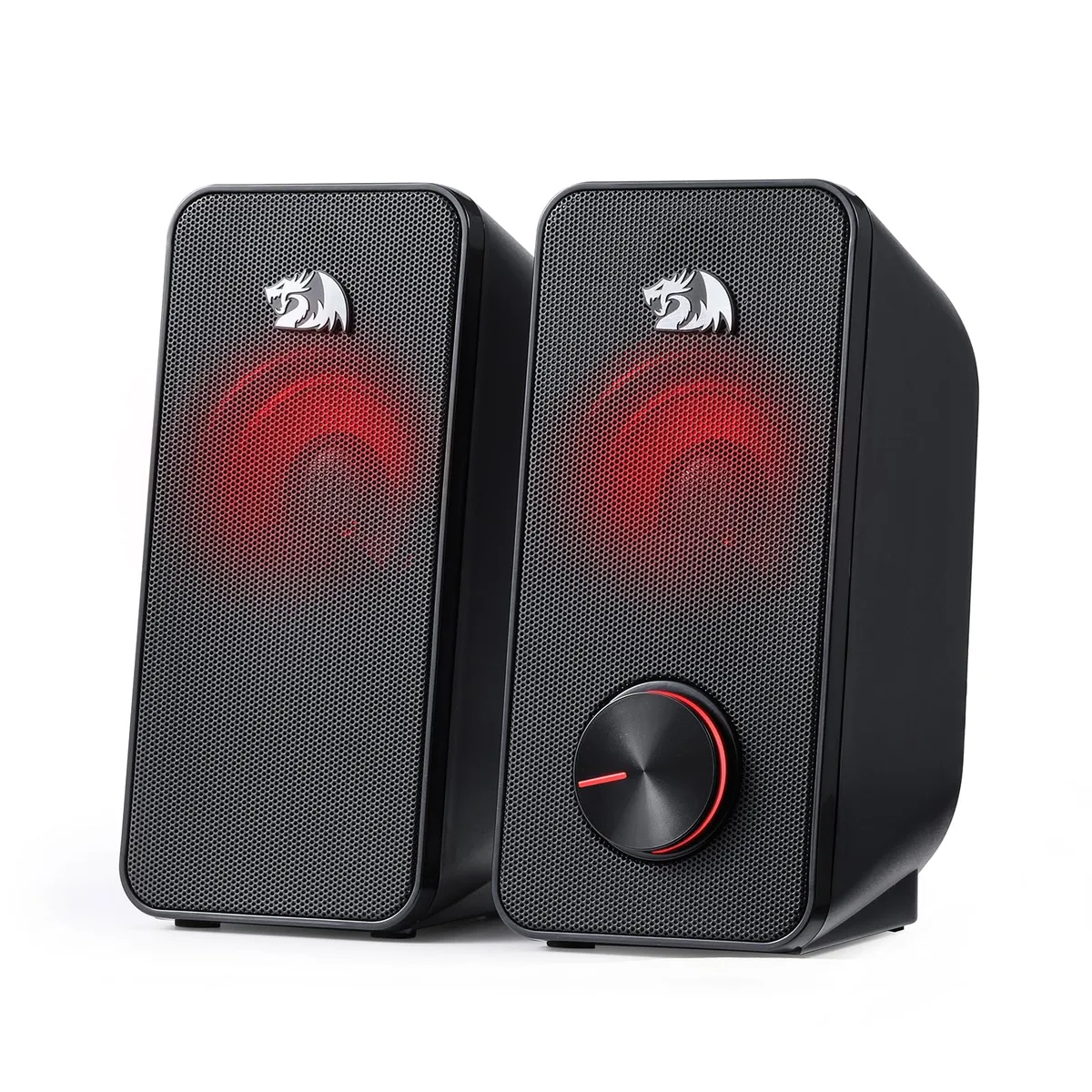 Pair of compact black desktop speakers with red LED backlight, volume knob and USB cable