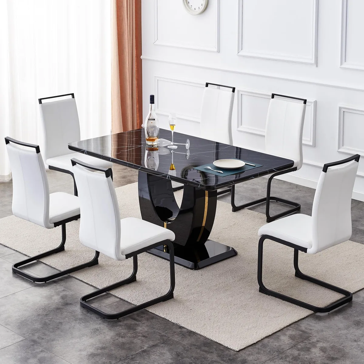 Sumdeal Sumdeal 63" Black Faux Marble 7-Piece Dining Set with 6 White C-Shaped Chairs — product photo