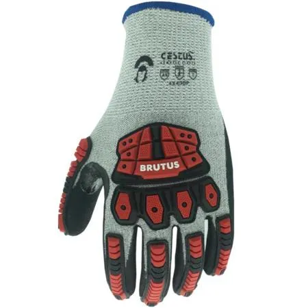 Pair of dark knit work gloves with rubberised impact guards on the back and padded palms