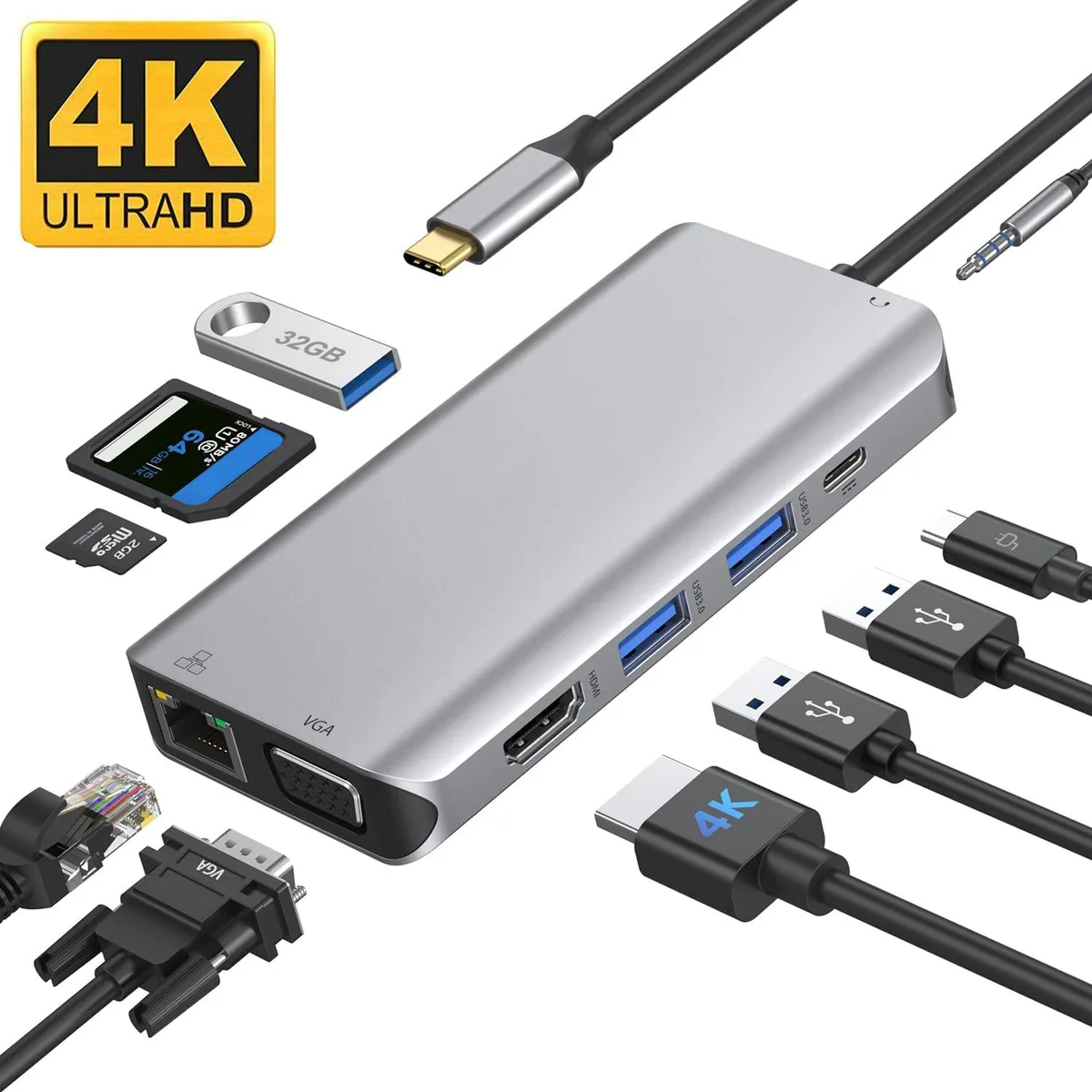 LUOM LUOM OZU17 10-in-1 USB-C Dock 4K HDMI VGA Gigabit 3 USB3.0 87W PD Audio SD TF Gray — product photo