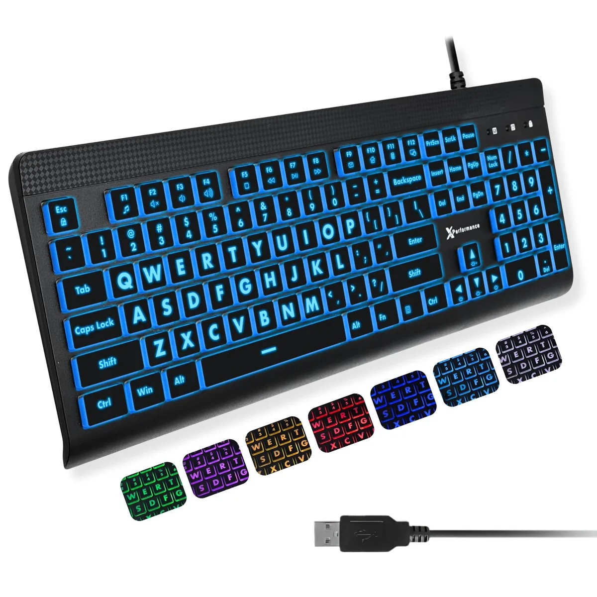 X9 Performance Large Print USB Wired Gaming Keyboard 107-key 7-color RGB 17.31x6.15x1.02 in — product photo