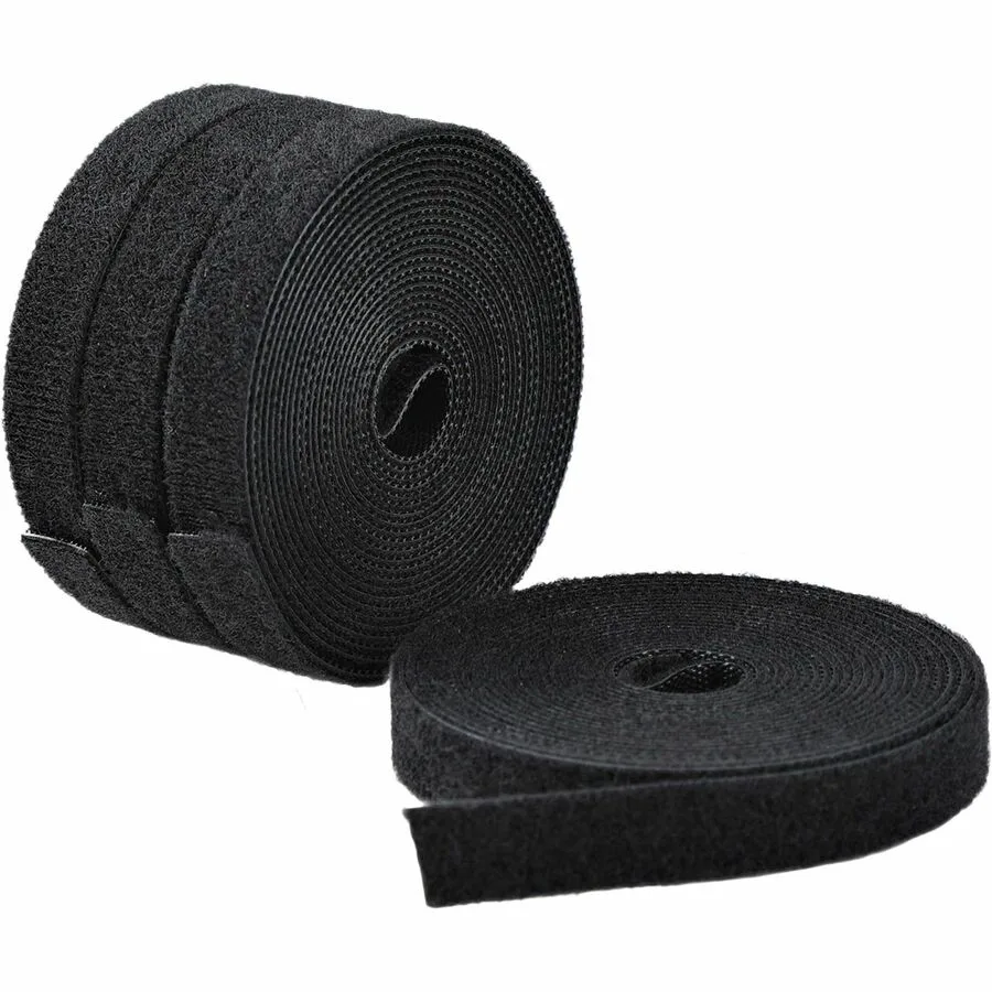 Four black hook-and-loop rolls, each 15ft long and .5in wide, cut-to-size cable ties