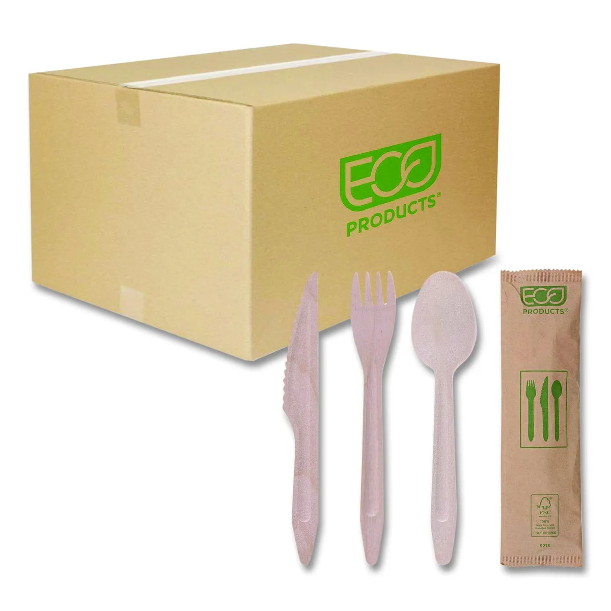 Eco-Products Eco-Products Wood Cutlery Combo Fork Knife Napkin Spoon Natural 500/Carton EPS215 — product photo