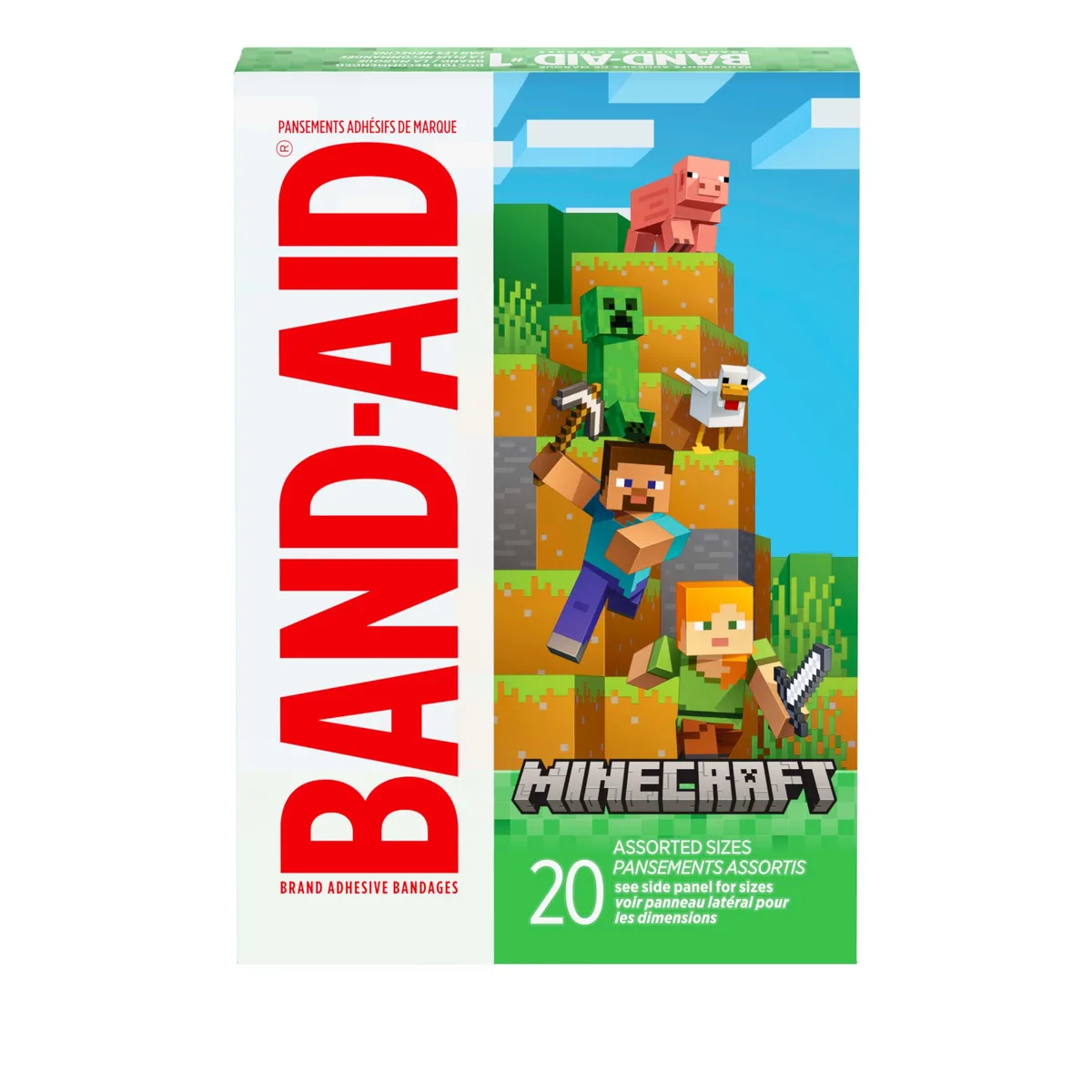 Cardboard box containing twenty sterile adhesive bandages with Minecraft character prints in assorted colours and sizes