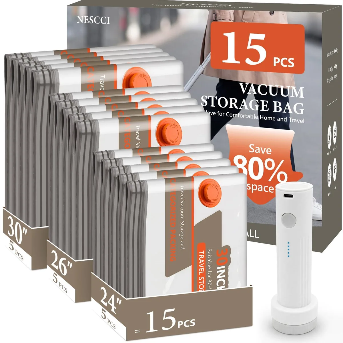 Set of 15 semi-transparent compression bags with rechargeable pump
