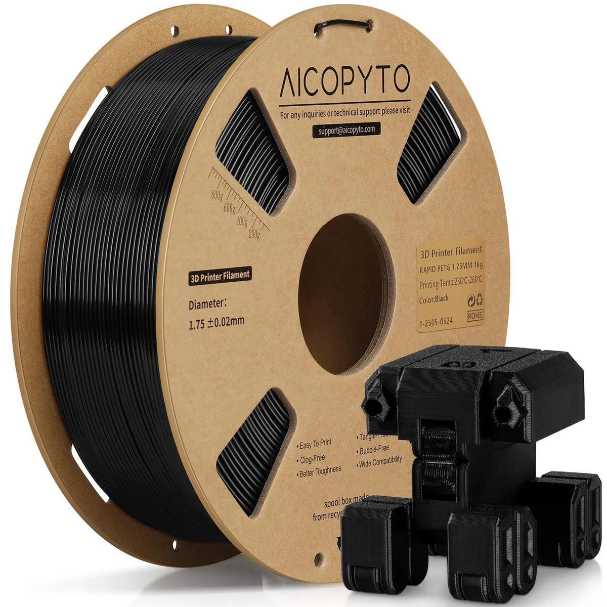  AICOPYTO Rapid PETG Filament 1.75mm Black 1kg 30-600mm/s ±0.02mm — product photo