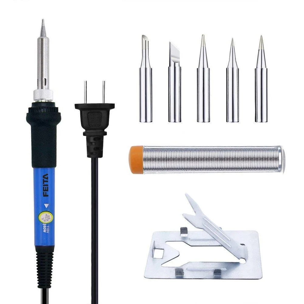 A 60-watt soldering iron with temperature dial, stand, five tips and solder wire