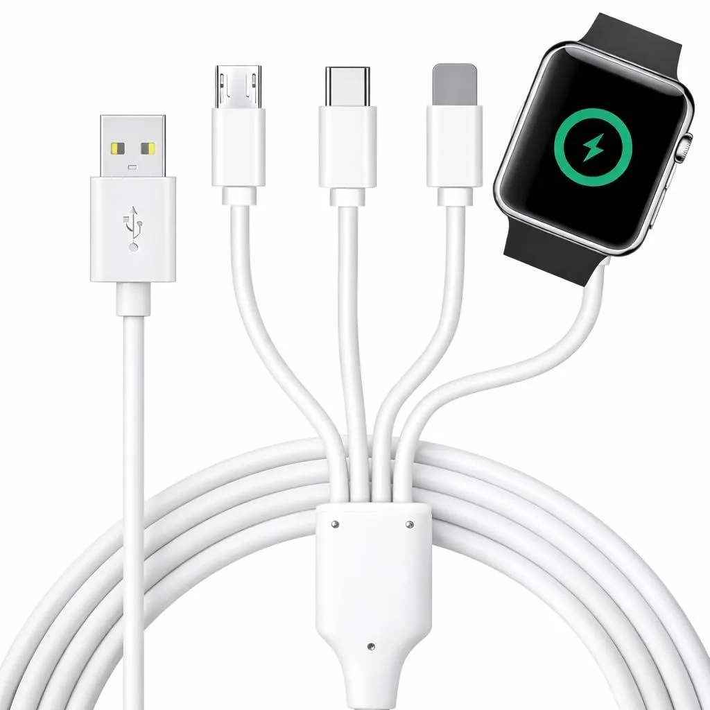 White 4 in 1 charging cable with Apple Watch, iPhone, USB-C and Micro USB connectors