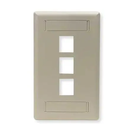 White single-gang wall plate with three vertical keystone ports and mounting hardware