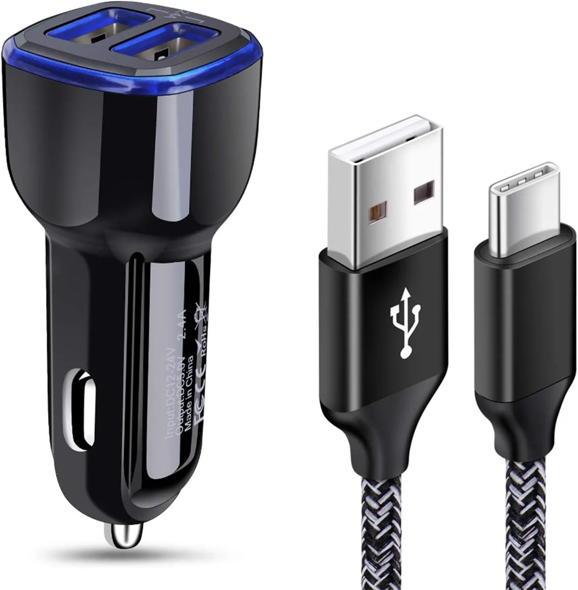 Hamzan Hamzan Dual Port Car Charger 12-24V 2.4A with 6ft USB-C Cable — product photo