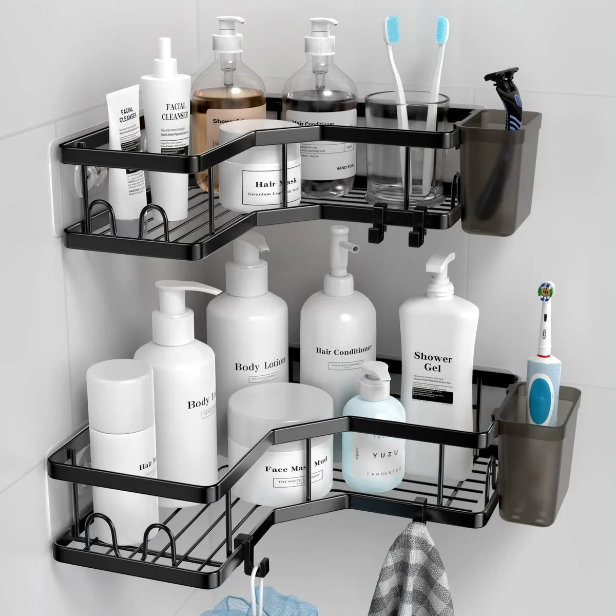 Black L-shaped corner shower caddy pair, stainless steel frame with painted finish