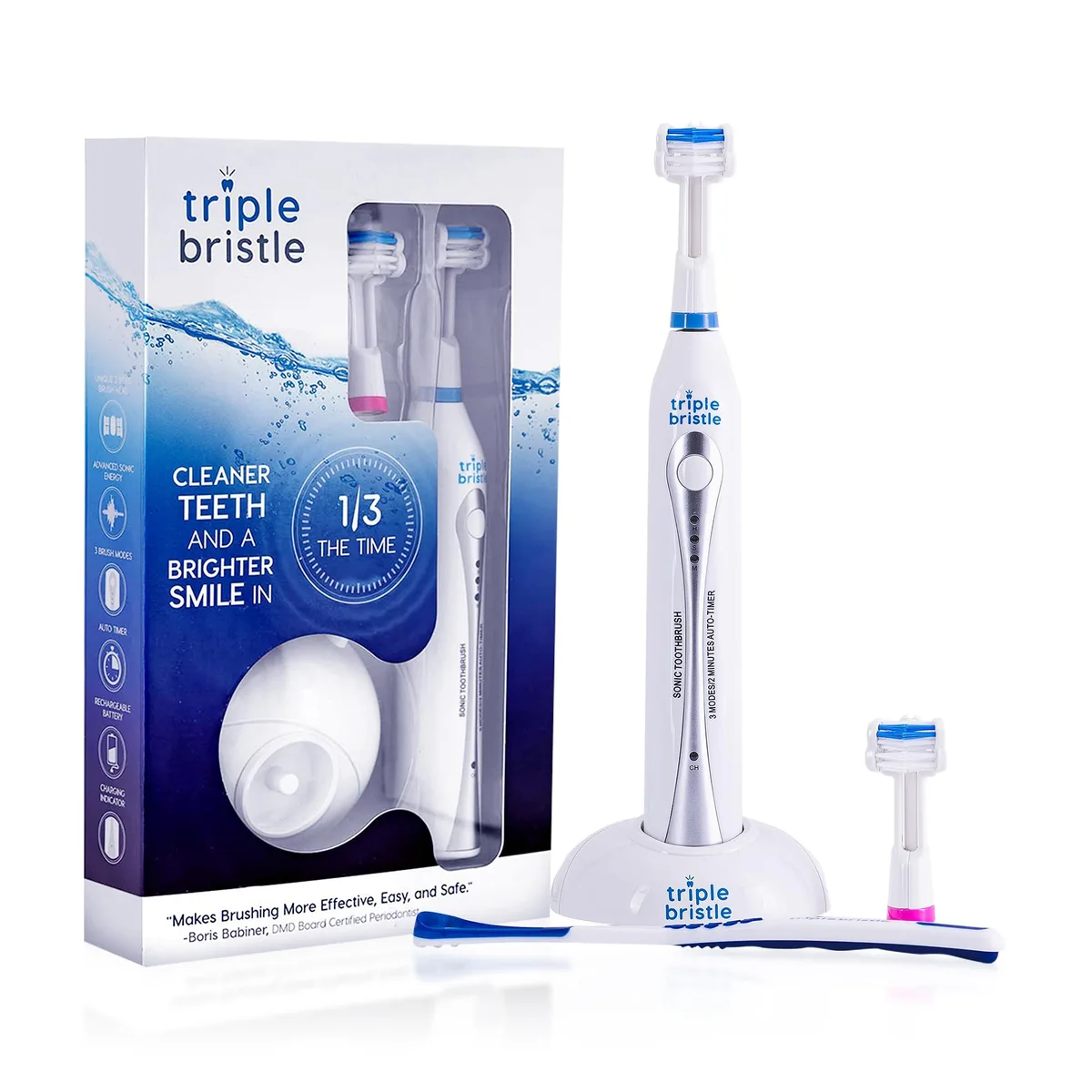 Triple Bristle sonic toothbrush with three-sided brush head, white handle, charging base visible