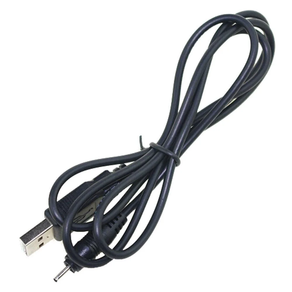 Black USB-to-DC charging cable coiled, 3.2ft long