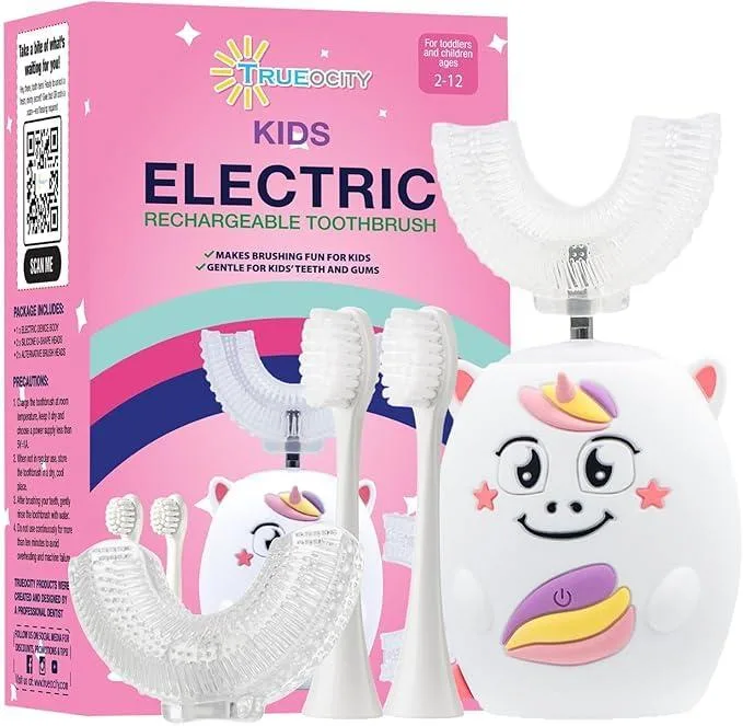 Pink U-shaped electric toothbrush with unicorn design and USB charging base