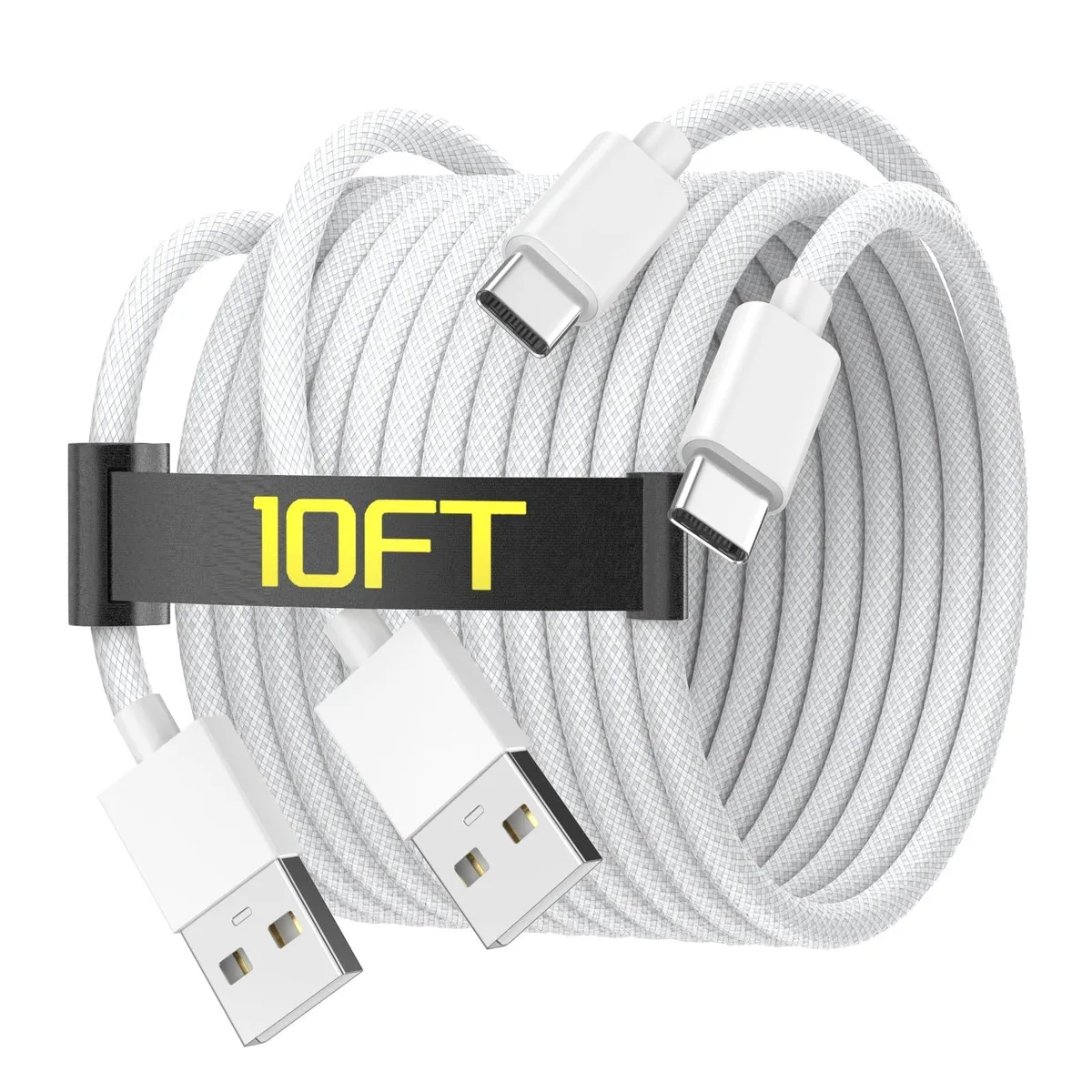 Two white nylon-braided USB-A to USB-C cables coiled together