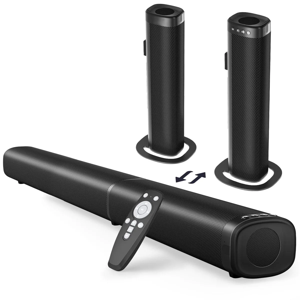 Black detachable soundbar in two ABS tower sections, 100W system with 6.5in driver and Bluetooth 5.3