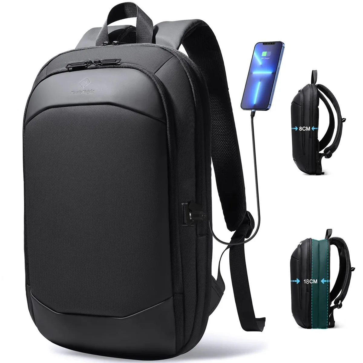 Beige expandable laptop backpack with USB port, fits 17 inch device