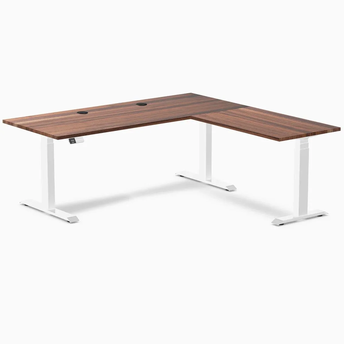 Desky Desky Hardwood L-Shape Sit Stand Desk Walnut White 72 x 30 x 70 x 24 in with Grommets — product photo