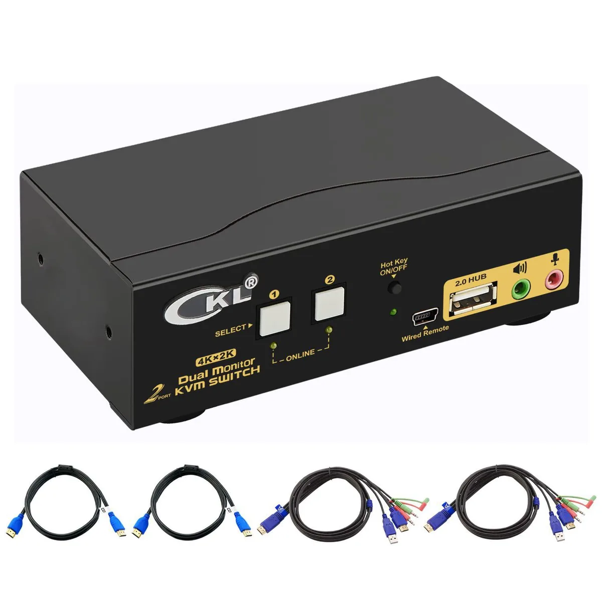 FOCUSTEC FOCUSTEC CKL-922HUA 2-Port Dual Monitor KVM Switch 4K@30Hz USB 2.0 Hub — product photo