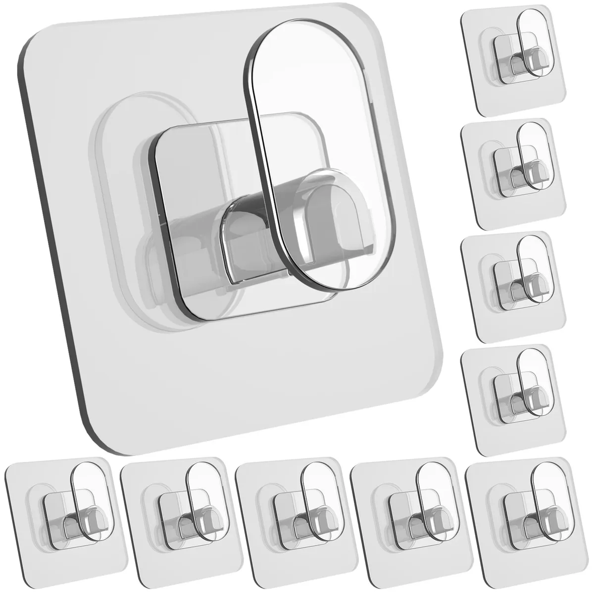 Ten clear square adhesive hooks on a white backing sheet