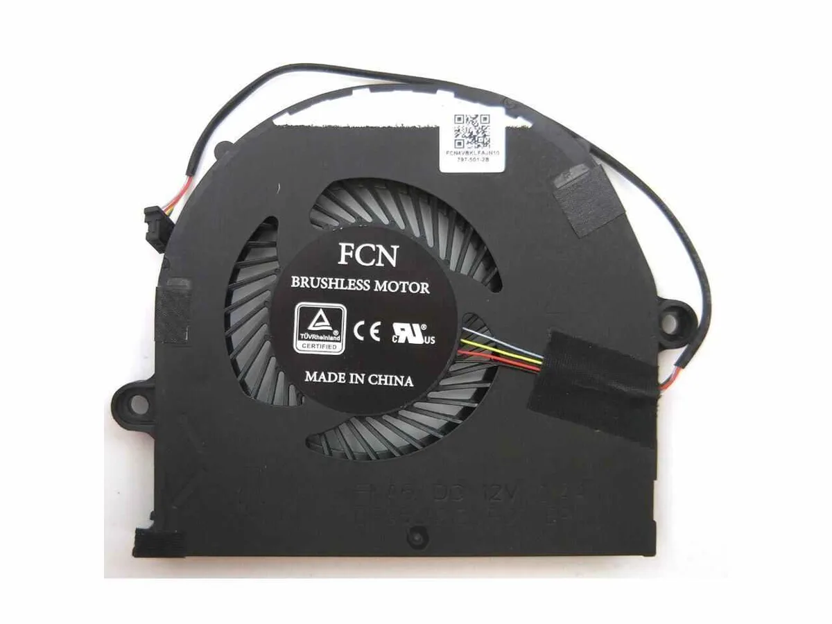 Small black laptop CPU cooling fan with plastic housing and wire connector
