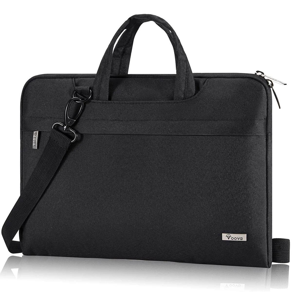 Black laptop bag with detachable shoulder strap and top handle, front zip pocket, side pockets, fits 13-14 inch devices