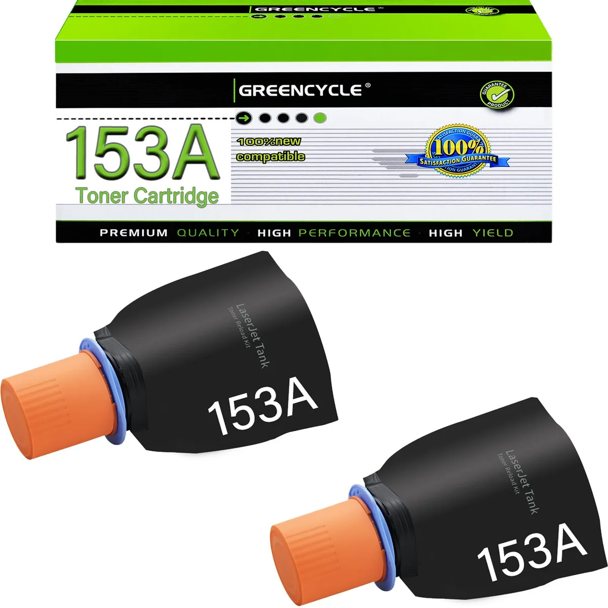 Two rectangular black toner reload bottles in clear plastic wrap